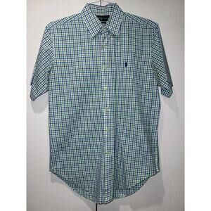 Ralph Lauren Classic Fit Men Plaid Button Up Dress Shirt Green Blue 100% Cotton